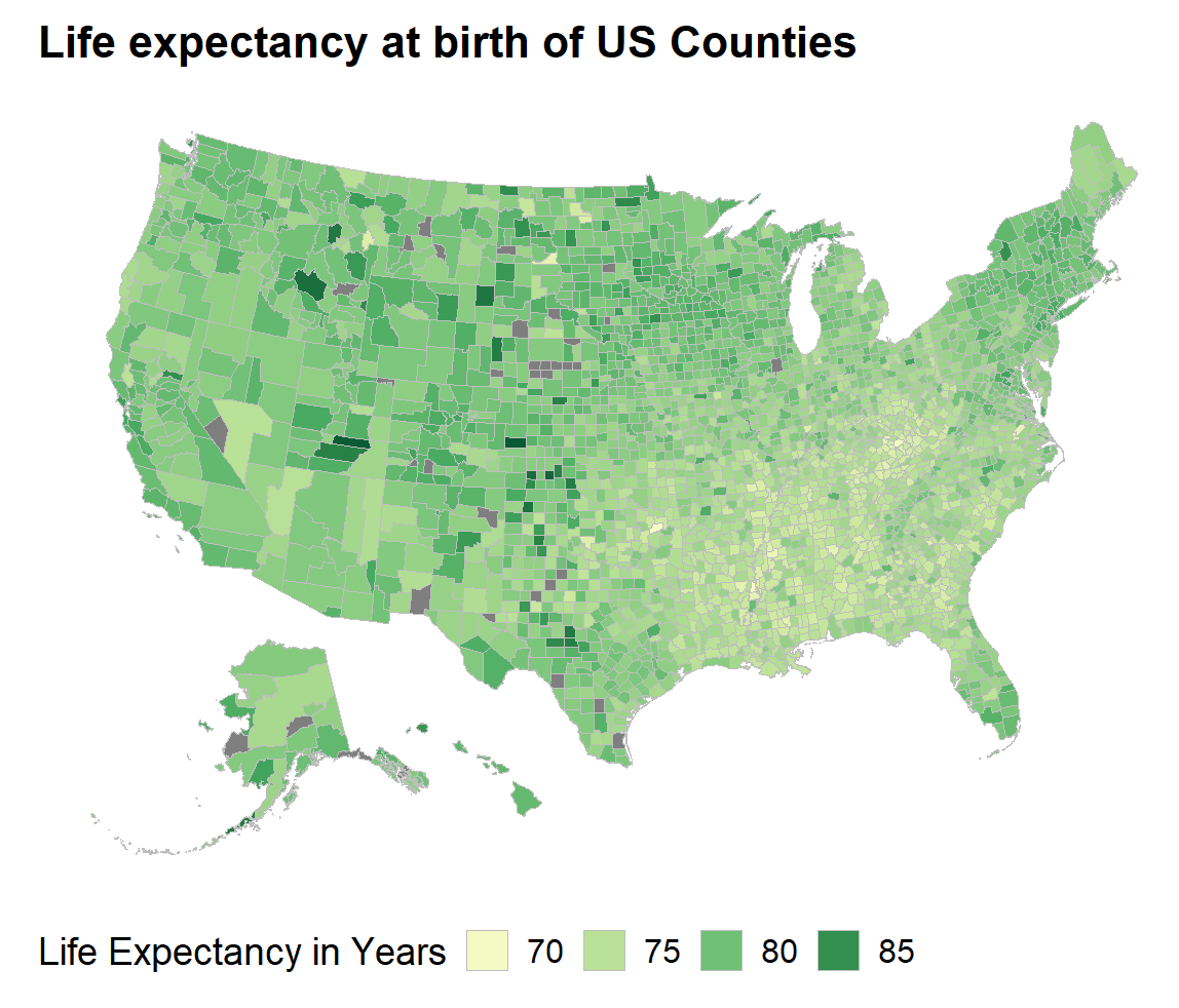 Graph hilighiting life expectancy of US Counties