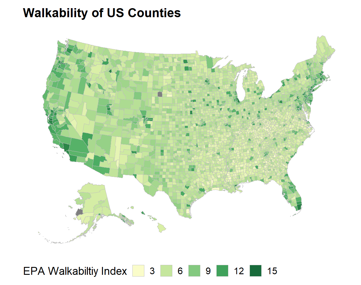 Graph hilighiting walkability of US Counties